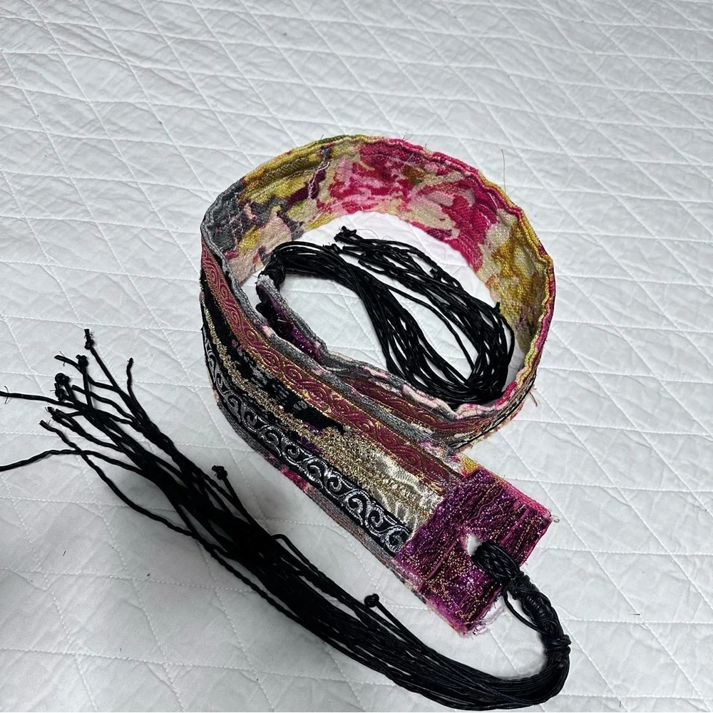 Artisan Floral Tapestry Tie Belt Pink and Black & Gold Accents Handmade Signed